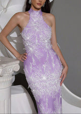 Pandora Sleeveless Beaded Tassel Sequin Bandage Maxi Dress - Violet