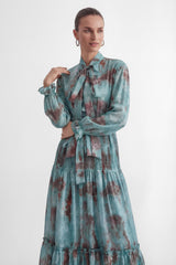 kristin Teal Printed Tiered Ruffle Maxi Dress - green