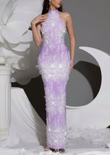 Pandora Sleeveless Beaded Tassel Sequin Bandage Maxi Dress - Violet