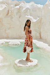 pandora Spaghetti strap lace linen patchwork midi dress