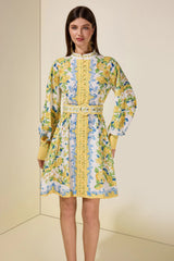 Lemon Floral Single-Breasted Midi Dress With Belt - yellow