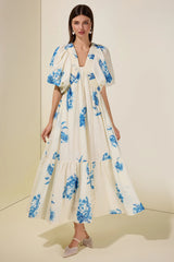 susie Print Smocking Puff Sleeve Midi Dress - blue