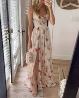 V-neck floral print high slit maxi dress - apricot