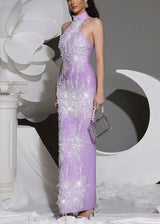 Pandora Sleeveless Beaded Tassel Sequin Bandage Maxi Dress - Violet