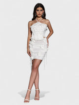 helen Halter Ruched Mesh Floral Mini Dress in white