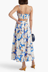 Pleated floral-print linen bustier top skirt set in blue