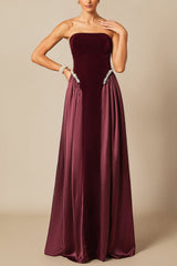 samantha burgundy Pearls Embroidered strapless maxi Dress