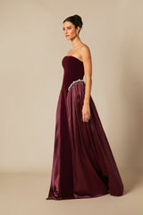 samantha burgundy Pearls Embroidered strapless maxi Dress