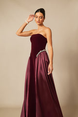samantha burgundy Pearls Embroidered strapless maxi Dress