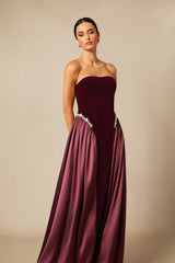 samantha burgundy Pearls Embroidered strapless maxi Dress