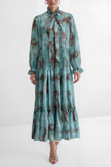 kristin Teal Printed Tiered Ruffle Maxi Dress - green