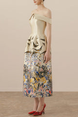 nina Retro floral print off-shoulder midi dress in apricot