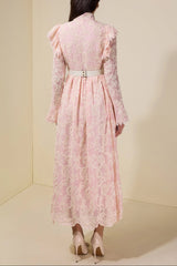 alma Chiffon Embroidered Single Breasted Midi Dress With Belt - pink
