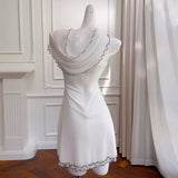 Alara White One-Shoulder Chiffon Mini Dress with Black Trim & Floral Appliques