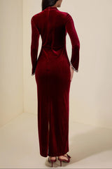 hilary Velvet Rhinestone Long Sleeve Maxi Dress - burgundy