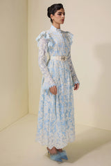 alma Chiffon Embroidered Single Breasted Midi Dress With Belt - blue