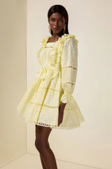 victoria Embroidered hollow Ruffle Mini Dress - yellow