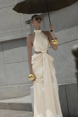 stephanie Cutout Waist halter Maxi Dress in beige
