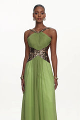 virginia green Halter Pleated Cut Out Sequin Maxi Dress