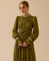 alyssa puff long sleeve pleated silk maxi dress in green