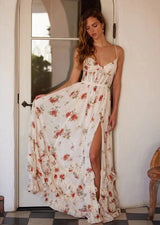 V-neck floral print high slit maxi dress - apricot