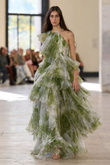 claire green floral print pleated layer maxi dress