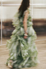 claire green floral print pleated layer maxi dress