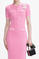 yvette Pink Crochet Flower Knit Midi Dress