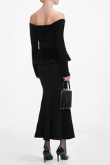 xaviera Black Chenille Knit Crystal Trim Midi Dress