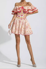 Embroidered openwork ruffled fishbone strapless mini dress - red