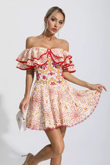 Embroidered openwork ruffled fishbone strapless mini dress - red