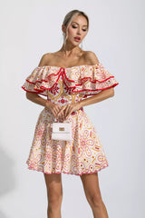 Embroidered openwork ruffled fishbone strapless mini dress - red