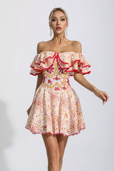 Embroidered openwork ruffled fishbone strapless mini dress - red