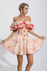 Embroidered openwork ruffled fishbone strapless mini dress - red