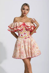 Embroidered openwork ruffled fishbone strapless mini dress - red