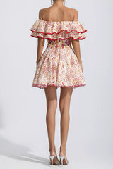 Embroidered openwork ruffled fishbone strapless mini dress - red