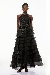 samantha Black 3D Petal Ruffled rhinestone embellished Maxi Dress