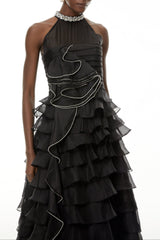 samantha Black 3D Petal Ruffled rhinestone embellished Maxi Dress