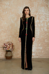 lydia Black Crystal Embellished Front Slit Maxi Dress