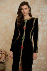 lydia Black Crystal Embellished Front Slit Maxi Dress