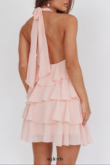 rebecca Halterneck Ruffle Mini Dress in pink