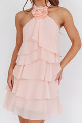 rebecca Halterneck Ruffle Mini Dress in pink