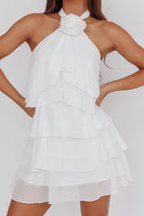 rebecca Halterneck Ruffle Mini Dress in White
