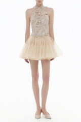 Lace sleeveless crop top & tulle mini skirt set - beige