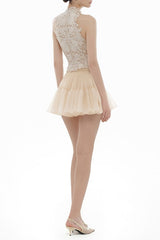 Lace sleeveless crop top & tulle mini skirt set - beige