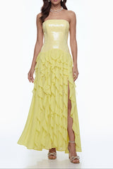 florence Off-Shoulder ruffle Slit Maxi Dress in Yellow