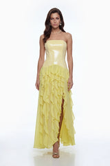 florence Off-Shoulder ruffle Slit Maxi Dress in Yellow