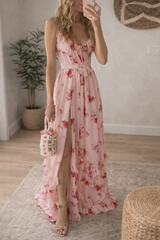 V-neck floral print high slit maxi dress - apricot