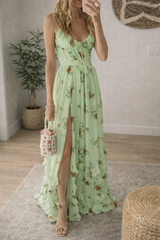 V-neck floral print high slit maxi dress - apricot