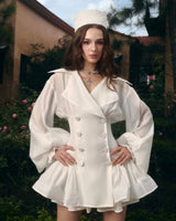 zenobia Large lapel button puff sleeve tutu mini dress in white